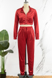 Red Casual Sportswear Solid Patchwork Draw String Zipper Zipper Collar Long Sleeve Two Pieces