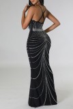 Black Sexy Patchwork Hot Drilling Backless Spaghetti Strap Long Dress Dresses