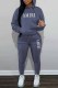 Navy Blue Casual Print Letter Hooded Collar Long Sleeve Two Pieces