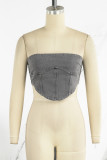 Grey Sexy Street Solid Patchwork Strapless Tops