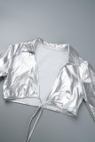 Silver Sexy Solid Bandage Turndown Collar Long Sleeve Two Pieces