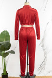 Red Casual Sportswear Solid Patchwork Draw String Zipper Zipper Collar Long Sleeve Two Pieces