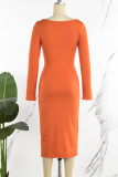 Orange Casual Solid Patchwork U Neck Wrapped Skirt Dresses