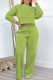 Green Casual Solid Patchwork Draw String Pocket O Neck Long Sleeve Two Pieces