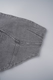 Grey Sexy Street Solid Patchwork Strapless Tops