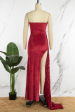 Red Sexy Solid Sequins Patchwork Backless Slit Strapless Long Dress Dresses