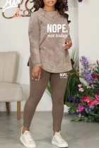 Dark Gray Casual Letter Print Basic O Neck Long Sleeve Two Pieces