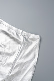Silver Sexy Solid Bandage Turndown Collar Long Sleeve Two Pieces