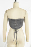 Grey Sexy Street Solid Patchwork Strapless Tops