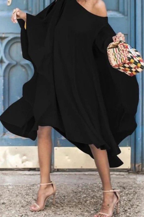 Black Casual Solid Hollowed Out Basic Asymmetrical Oblique Collar Dresses