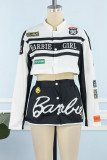 Red Street Letter Print Patchwork Pocket Buckle Buttons Printing Mandarin Collar Long Sleeve Two Pieces(Detachable)