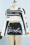 Red Street Letter Print Patchwork Pocket Buckle Buttons Printing Mandarin Collar Long Sleeve Two Pieces(Detachable)