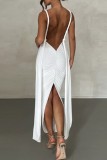 Khaki Sexy Solid Backless Slit Halter Long Dress Dresses