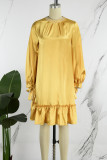 Yellow Elegant Solid Bandage Patchwork Beading Mandarin Collar Ball Gown Dresses
