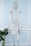 Silver Sexy Solid Backless Asymmetrical Hooded Collar Sleeveless Two Pieces