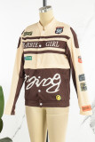 Red Street Letter Print Patchwork Pocket Buckle Buttons Printing Mandarin Collar Long Sleeve Two Pieces(Detachable)
