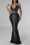 Black Sexy Patchwork Hot Drilling Backless Spaghetti Strap Long Dress Dresses