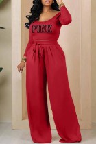 Red Casual Print Letter U Neck Long Sleeve Two Pieces
