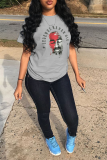 Light Gray Street Vintage Print Patchwork O Neck T-Shirts