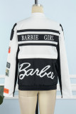 Red Street Letter Print Patchwork Pocket Buckle Buttons Printing Mandarin Collar Long Sleeve Two Pieces(Detachable)