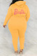 Yellow Casual Solid Letter Hot Drill Hooded Collar Plus Size Two Pieces