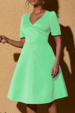 Green Casual Solid Patchwork V Neck A Line Short Sleeve Dress