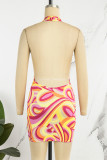 Pink Sexy Print Backless Halter Sleeveless Dress Dresses