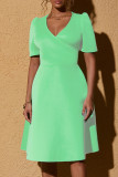 Green Casual Solid Patchwork V Neck A Line Short Sleeve Dress