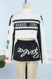 Red Street Letter Print Patchwork Pocket Buckle Buttons Printing Mandarin Collar Long Sleeve Two Pieces(Detachable)