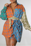 Tangerine Red Street Plaid Bandage Patchwork Draw String Buckle Turndown Collar Tops