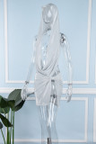 Silver Sexy Solid Backless Asymmetrical Hooded Collar Sleeveless Two Pieces