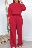 Rose Red Casual Solid Patchwork Draw String Pocket O Neck Long Sleeve Two Pieces