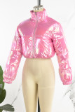 Pink Solid Cardigan Zipper Collar Outerwear
