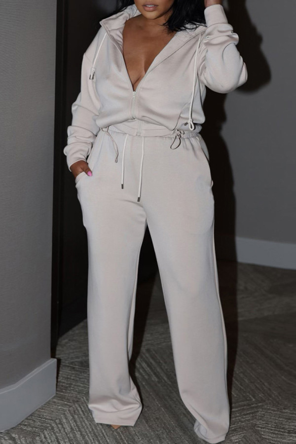 White Casual Solid Patchwork Draw String Pocket Zipper Hooded Collar Long Sleeve Two Pieces