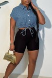 Blue Casual Solid Frenulum Turndown Collar Tops