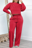Rose Red Casual Solid Patchwork Draw String Pocket O Neck Long Sleeve Two Pieces