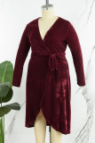 Burgundy Casual Solid Frenulum V Neck Long Sleeve Plus Size Dresses