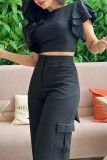 Yellow Casual Solid Patchwork O Neck Short Sleeve Two Pieces