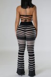 Black Casual Striped Patchwork See-through Skinny High Waist Conventional Patchwork Trousers