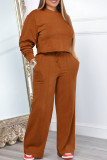 Brown Casual Solid Patchwork Draw String Pocket O Neck Long Sleeve Two Pieces