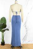 Blue Sexy Casual Solid Bandage Backless O Neck Sleeveless Two Pieces