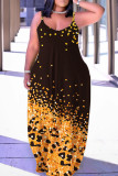 Black Gold Sexy Casual Print Backless Spaghetti Strap Long Dress Dresses