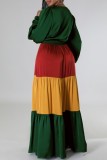 Multicolor Casual Patchwork Contrast V Neck Long Dress Dresses