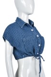 Blue Casual Solid Frenulum Turndown Collar Tops