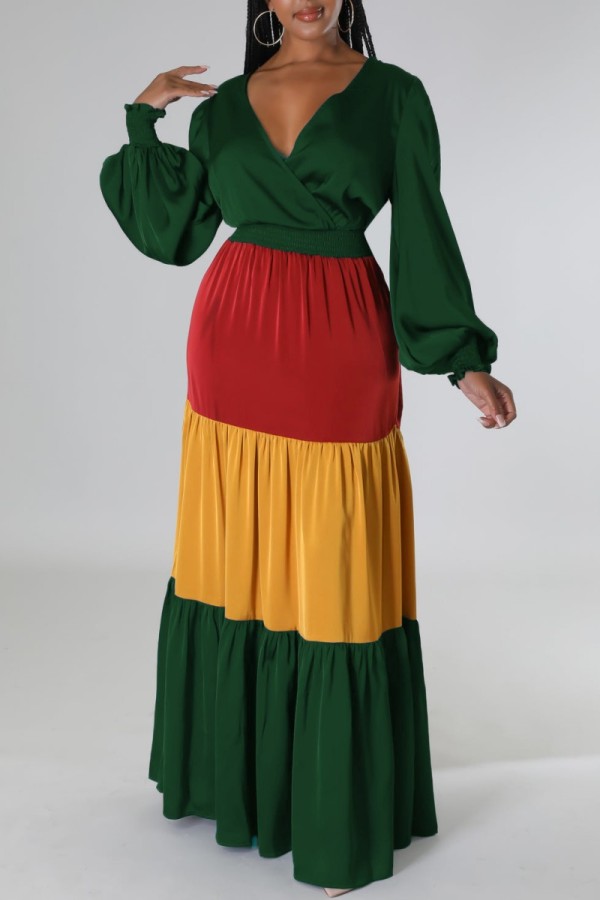 Multicolor Casual Patchwork Contrast V Neck Long Dress Dresses