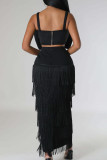 Black Sexy Solid Tassel Patchwork High Waist Pencil Solid Color Bottoms