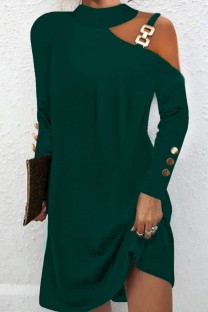 Green Casual Solid Hollowed Out O Neck Long Sleeve Dresses