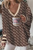 Khaki Casual Print Patchwork V Neck Tops