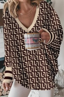 Khaki Casual Print Patchwork V Neck Tops