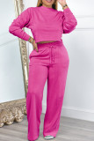 Pink Casual Solid Patchwork Draw String Pocket O Neck Long Sleeve Two Pieces